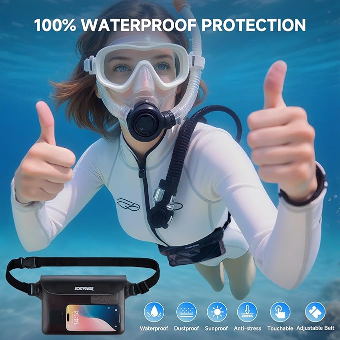 ECHTPower 2-Pack Waterproof Pouch Bag, Waterproof Fanny Pack, Waterproof Dry Bag with Adjustable Waist Strap for Beach Swimming Kayaking Floating Boating