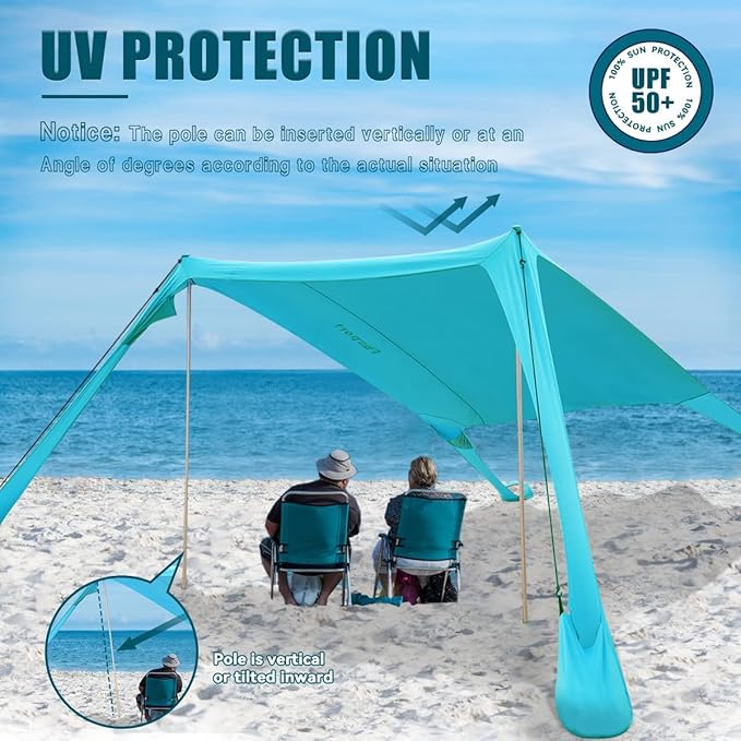 FBSPORT Beach Tent Sun Shelter, Portable Beach Shade Canopy UPF50+ with Sandbags for Outdoor Family Camping, Fishing, Backyard Fun, Picnic, 7 x 7ft