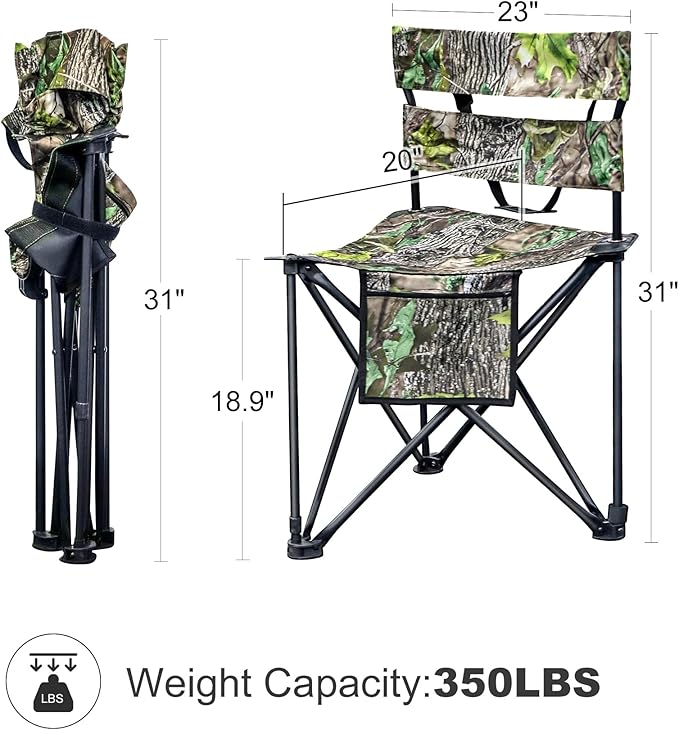 Extra Large Tripod Camping Chair with Backrest Portable Fishing Chair with Cup Holder Lightweight Folding Chair for Hunting, Hiking, Outdoor