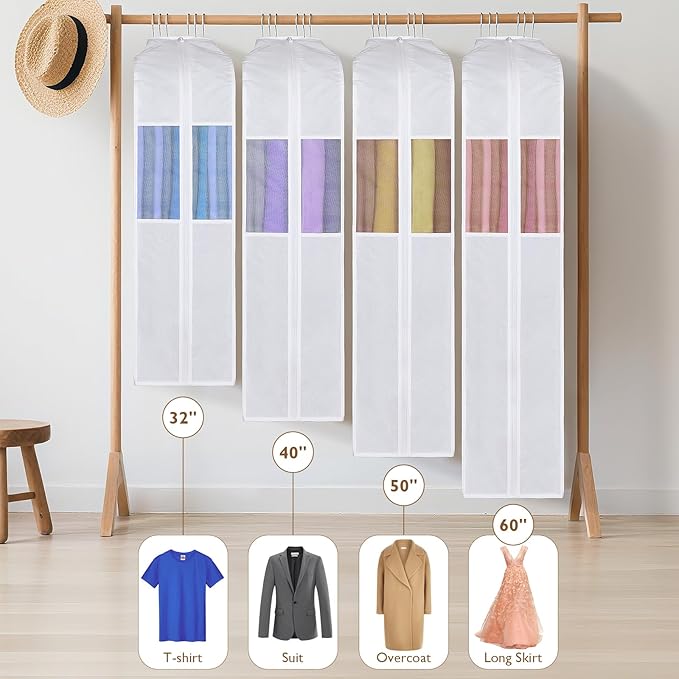 Univivi Premium Cotton Garment Bags for Hanging Clothes and Storage, 60 Inch Washable Dress Bags for Gowns Long, Full Zipper Dust Cover with Extra Large 10" Gusset & Clear Window - 4 Pack