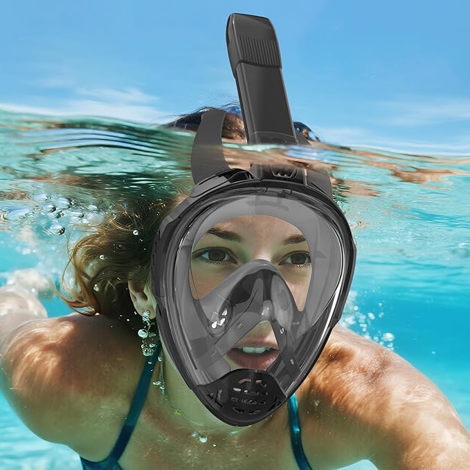 Snorkeling Gear for Adults, Full Face Snorkel Mask, Scuba Diving Mask with Detachable Camera Mount, 180 Degree Panoramic View Anti-Leak Anti-Fog