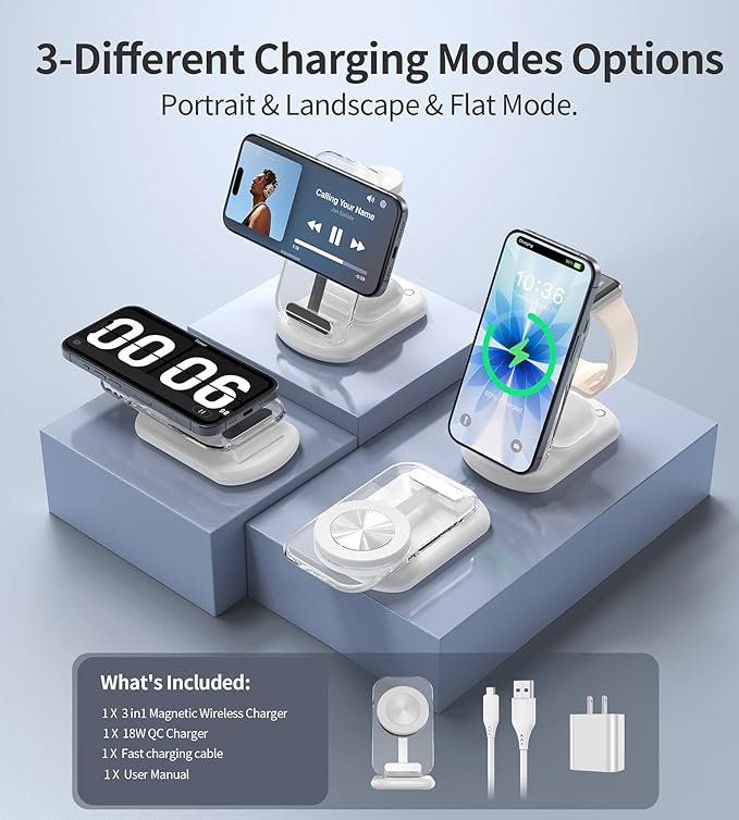 3 in 1 Magnetic Wireless Charging Station for Apple Devices, Fast Foldable Travel Mag-Safe Charger Stand with Night Light for iPhone 17 16 15 14 13 12 Series, Apple Watch/AirPods Pro, White