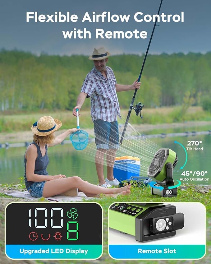 Camping Fan with Light, 20000mAh Rechargeable Battery Operated Fan, 112H Max Cooling Time, 8 Speeds, Digital Display, Remote Control, 270°Pivot with Hook for Tent Car RV Power Outage Hurricane