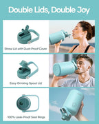 BUZIO 64oz Insulated Water Bottle, Stainless Steel Water Flask with Straw Lid and carrying pouch, Keep Cold 48h Leak Proof Double Wall Vacuum Travel Mug Metal Canteen for Gym Camp Beach, Green