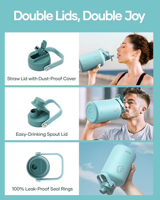BUZIO 64oz Insulated Water Bottle, Stainless Steel Water Flask with Straw Lid and carrying pouch, Keep Cold 48h Leak Proof Double Wall Vacuum Travel Mug Metal Canteen for Gym Camp Beach, Green