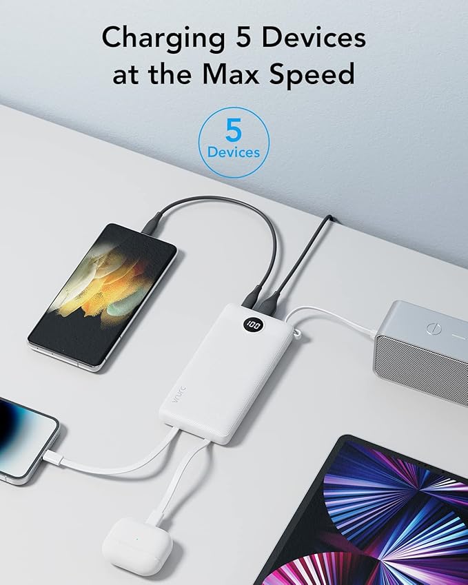 VRURC Portable Charger Power Bank, 10000mAh Travel Essentials Battery Pack, 5 Outputs 2 Inputs Slim Charing Bank Built-in Cables Cords Wires Compatible with iPhone,Samsung,Android-White(1 Pack)