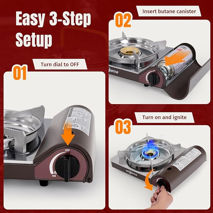 SHINESTAR 14000 BTU Butane Camping Stove, Double Wind-Guard Portable Stove for Outdoor Cooking, Carrying Case Included, Brown