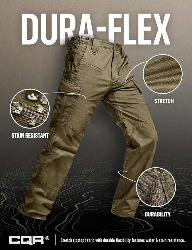 CQR Men's Flex Ripstop Tactical Pants, Water Resistant Stretch Cargo Pants, Lightweight EDC Hiking Work Pants