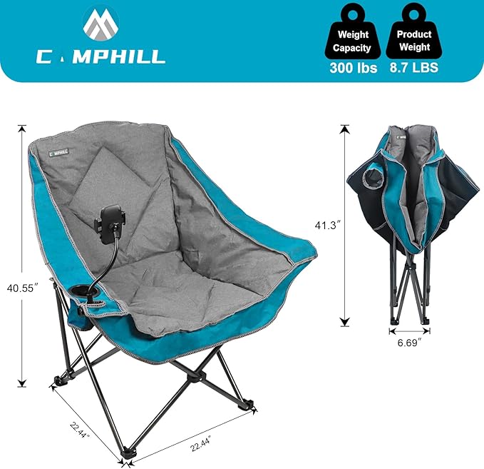 Folding Camping Chair,Oversized Portable Camping Chair with Cup Holder and Phone Holder,Heavy Duty Padded Lawn Chair for Camping,Tailgates,Beach,and Sports,Lake Blue