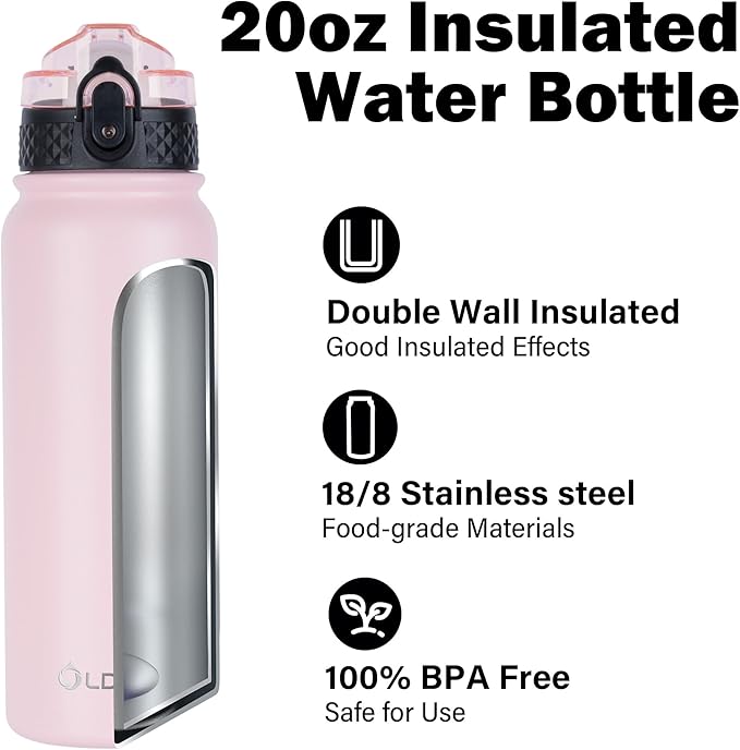 Oldley Insulated Water Bottle 20oz Water Bottles with Straw, Stainless Steel Water Bottle with 3 Lids, Double Wall Vacuum Bottles for Adult Kids, Sports Bottles for School Travel, Pink
