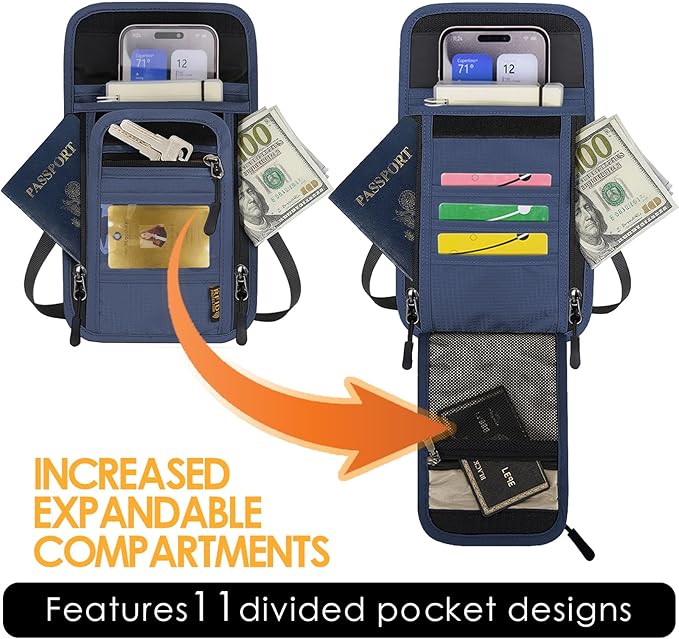 Travel Neck Wallet RFID Blocking – Hidden Passport Holder & Anti-Theft Money Pouch for Men & Women, Lightweight Concealed Undergarment Organizer with Adjustable Strap, Secure Document Holder