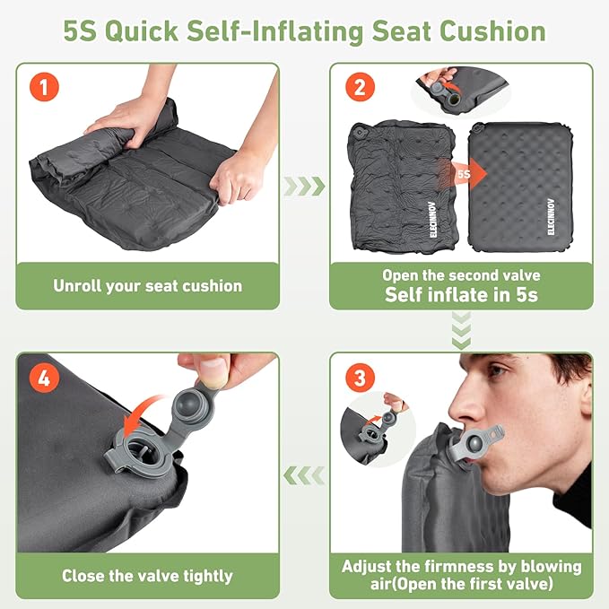 Inflatable Seat Cushion, Self Inflating Memory Foam Stadium Seat Cushion Lightweight Camping Chair Pad Airplane Cushion for Long Flights Outdoor Travel Bleacher Office Car Backpacking (Grey)