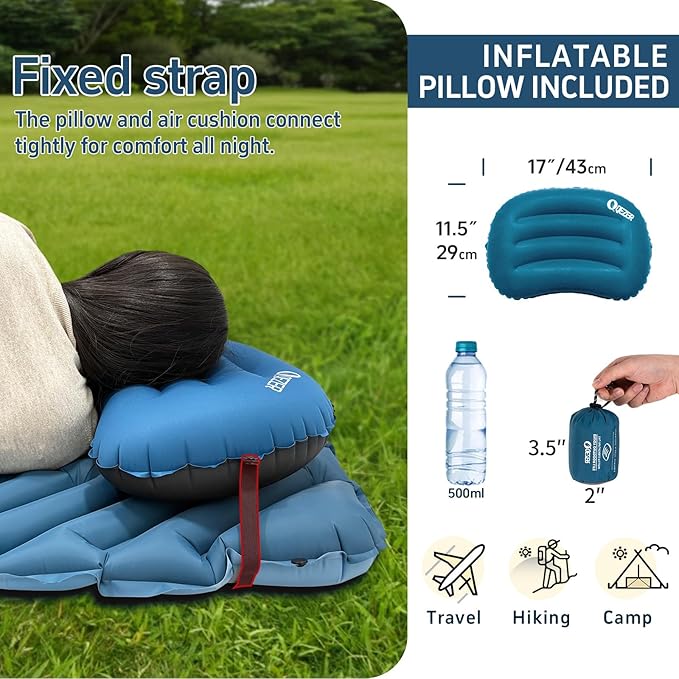 Ultralight Backpacking Sleeping Pad for Camping, with Inflatable Neck Camping Pillow, Lightweight Inflatable Sleeping Pad for Adults, Portable for Hiking, Car Travel - Durable & Comfortable