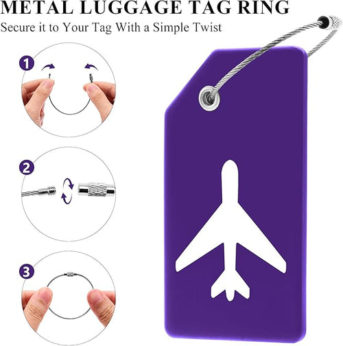 10 Pack Silicone Luggage Tag for Suitcases with Stainless Loop, TSA Approved, Privacy Protection Travel Essentials Bag Tags by Gostwo, Purple