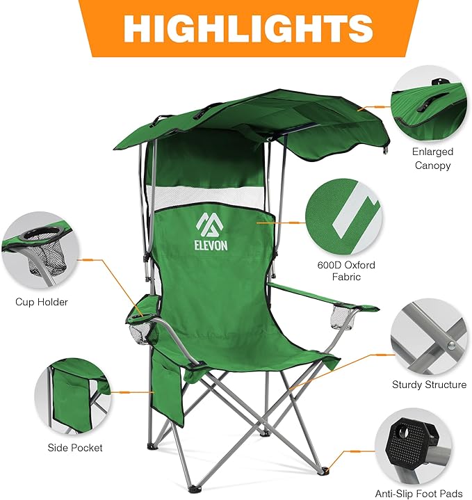 Camping Chair, Oversized Folding Chair with Canopy, Portable Outdoor Chair with Arms, Cup Holder and Carry Bag for Camping, Fishing, Beach, and Sports, Jaspe