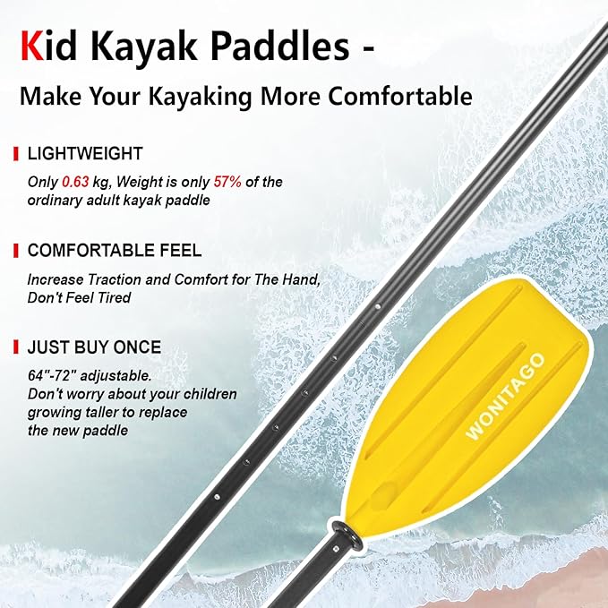 Kayak Paddles for Kid with Aluminum Shaft and PP Blade, Floating Kayaking Oars for Youth and Junior, Adjustable 163-183cm/64-72 Inches