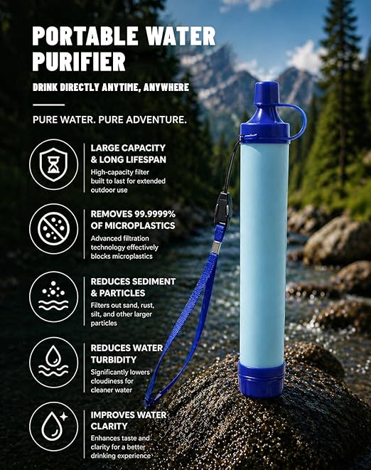 Water Filter, Portable Water Filter Straw, Emergency Survival Filtration System, Lightweight Personal Water Purifier, Includes 480ml Reservoir & Tube, for Hiking, Camping, Travel (1)