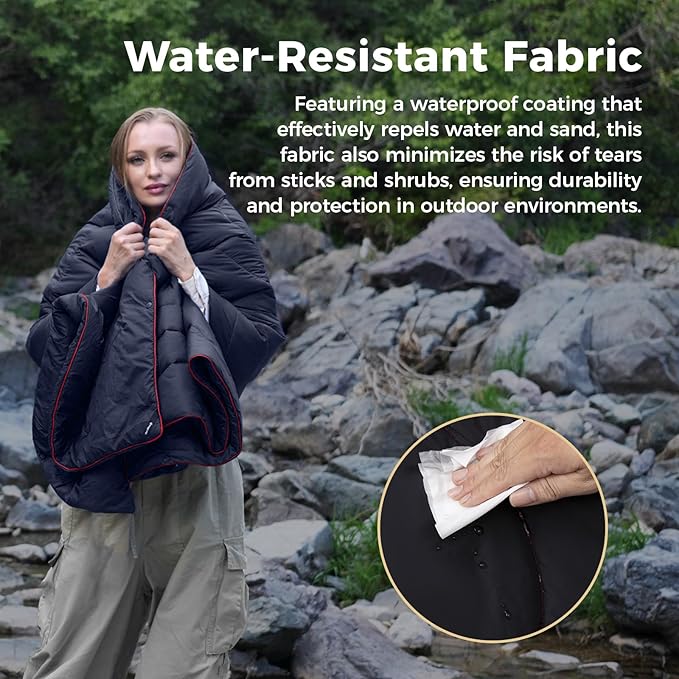 KingCamp Ultralight Camping Blanket, Packable Down Alternative Puffy Wearable Blankets Weatherproof Warm Package Quilt with Snap Buttons & Corner Loops for Outdoor Travel Stadium (69"L x 53"W, BLACK)