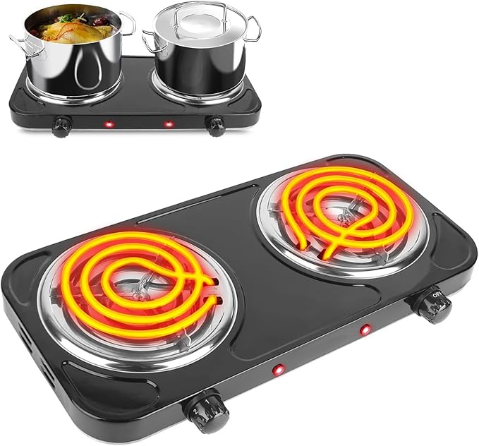 Hot Plate, 2000W Portable Electric Stove for Cooking with 5 Levels Adjustable Temperature & Dual Control, Countertop Double Coil Burner Cast Iron Cooktop for All Cookwares Home Camp RV, Black