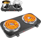Hot Plate, 2000W Portable Electric Stove for Cooking with 5 Levels Adjustable Temperature & Dual Control, Countertop Double Coil Burner Cast Iron Cooktop for All Cookwares Home Camp RV, Black