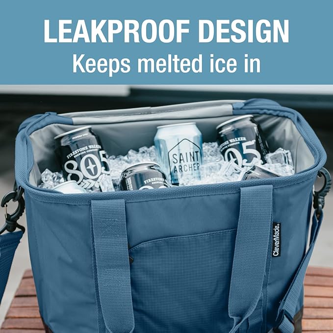 CleverMade Pacifica Collapsible Cooler Bag – Medium Portable Cooler Bag for Travel, Foldable Insulated Cooler for Beach, Picnic & Road Trips, Holds Up to 30 Cans, Leakproof Soft Carry Cooler - Ocean