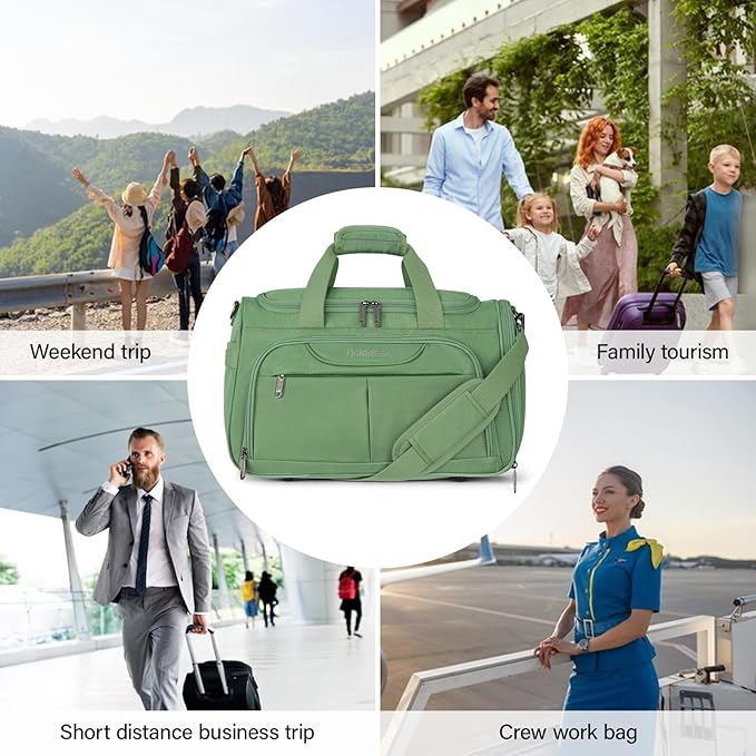 Hanke Small Travel Duffel Bag, Under Seat Carry On Personal Item Bag with 11 Pockets, Lightweight Water Resistant Foldable Weekender Bag with Trolley Sleeve for Travel Gym Daily Use（Forest Green）