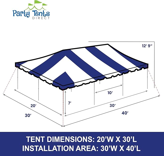 Party Tents Direct 20'x30' Weekender Canopy Pole Tent - Easy Up Canopy Tent with 120 Person Capacity - Outdoor Canopies for Parties, Weddings, & Events (Blue/White Top)