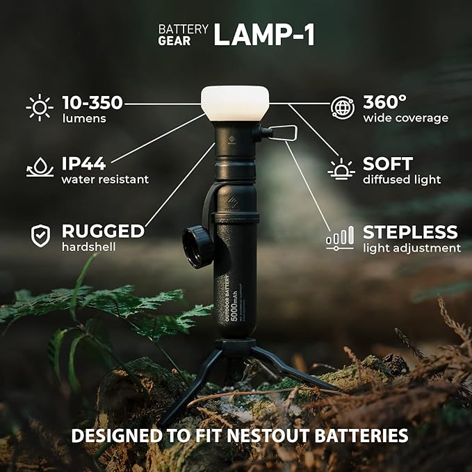 NESTOUT Rugged Outdoor Camping LED Lantern w/ Mini Tripod, Dimmable USB Powered Soft LED Light, IP44 Water Dust Resistant, 10-350 Lumen, Portable Lamp for Power Bank EDC Travel, LAMP-1 (Black)