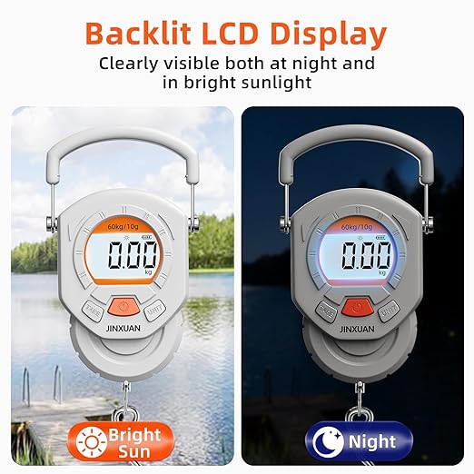 Fishing Scale Luggage Scale 132lb/60kg Digital Fish Scale, Fish Weight Scale with Backlit LCD Display, Luggage Weight Scale with 4 Units, 2 AAA Batteries, Hanging Scale for Fishermen Travelers