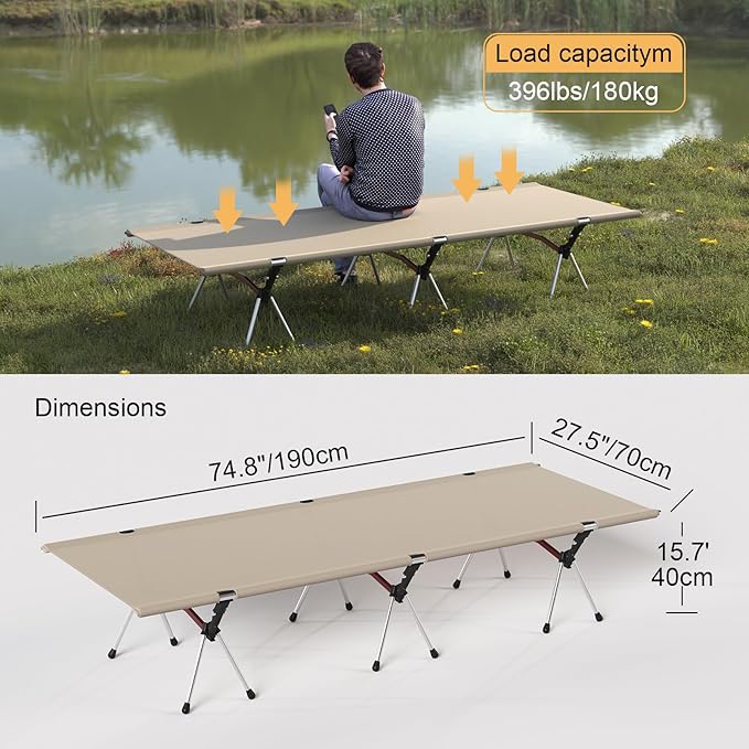 Camping Cot with Leg Extenders,Lightweight Portable Bed for Camping, Hiking, Travel, Beach, Home, Office Nap, Supports 330lbs, Easy Storage, Durable Design, Khaki