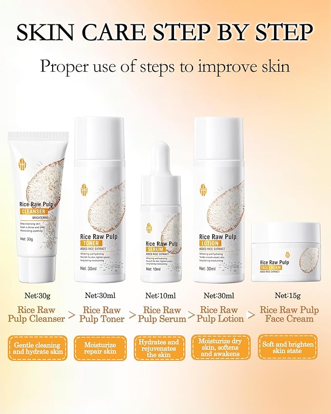 Skin Care Set,5Pcs Rice Raw Pulp Soft Travel Kit for Women, Moisturizing Brilliant Skin Rejuvenating Care Kit, Women’s Mother's Day Skincare Beauty Products Gift Kit for Mom Wife Teenage Girls