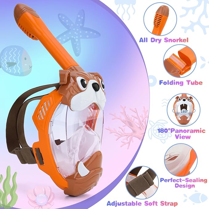 Full Face Snorkel Mask for Kids 4-16, 180 Degree Panoramic View Snorkeling Set Anti-Fog Anti-Leak, Foldable Dry Top Snorkeling Gear for Kids