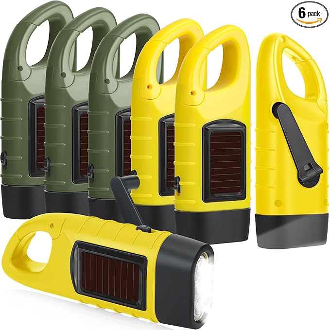 Mudder 6 Pcs Hand Crank Solar Powered Flashlights Emergency Rechargeable LED Handheld Flashlights for Survival Gear Outdoor Sports Camping Hiking Backpack Safety(Green,Yellow)