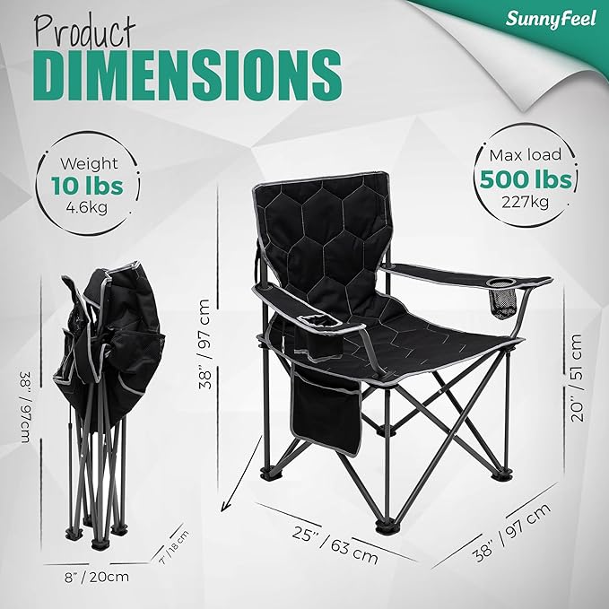 SUNNYFEEL Oversized Folding Camping Chair 2 Pack 500 LBS Heavy Duty Lawn Chairs with Black Portable Folding with Armrest, Cup Holder, Pocket ＆Bag for Outdoor Camping/Beach/Travel/Picnic/Fishing