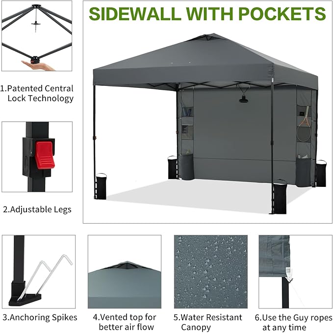 10'x10' Pop Up Canopy Tent with 1 Sidewall and 6 Pockets, One Push Setup, Instant Shade Tent with Vented Roof for Beach Patio Outdoor, Case, 8 Stakes, 4 Ropes, 4 Sandbags (Gray, 10x10)