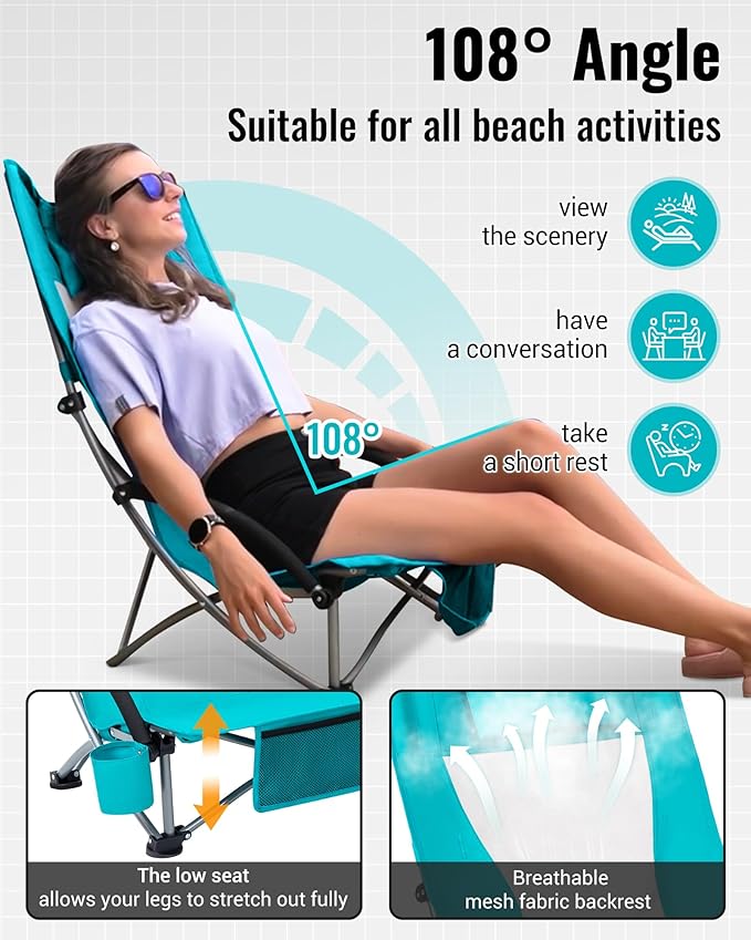 KingCamp Low Beach Chairs, Portable Folding Chair for Adults Extra Wide Ergonomic High Back Seat 300lbs Heavy Duty Lightweight Oversized Gear with Carry Bag for Outdoor Lawn Camping Picnic
