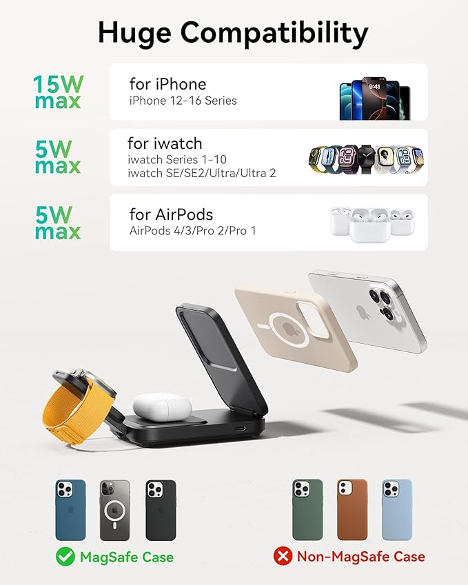 INIU 3 in 1 Wireless Charging Station, Qi2 Certified 15W Travel Charger for Apple Multiple Devices, Foldable Magnetic Wireless Charger Stand for iPhone 17 16 15 14 13 12 Series Apple Watch AirPods