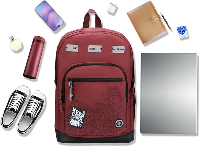 Swissdigital Design Big Student Laptop Backpack with Fun Personalized Patches For College Boy & Girl, Middle High School Teen Bookbag Cool Travel Daypack Burgundy - Includes 3 Patches | SD1718-44