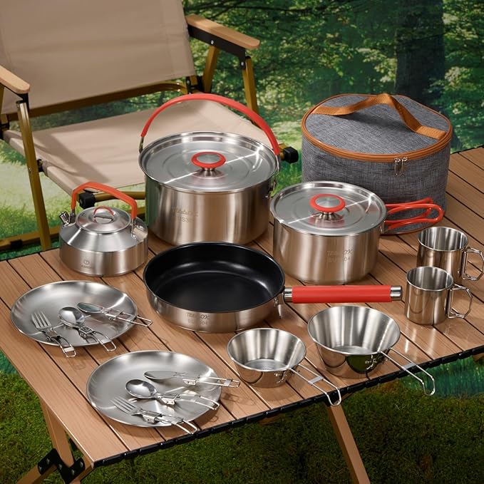 Camping Cookware Set 304 Stainless Steel 16-Piece Pots & Pans,Kettle, Storage Bag,Plates, Bowls, Knives, Forks, Spoons,Compact for Outdoors & Indoors Kitchen Campfire Hiking