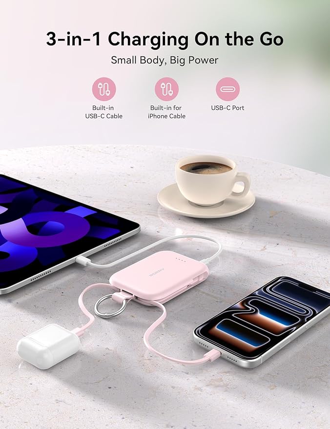 RORRY CharmGo Portable Charger, 5000mAh Portable Charger Power Bank with Built-in Cables, Travel Keychain Charger Battery Pack for iPhone 17/16/15/14/13/12, for AirPods 2/3/4/Pro, Black