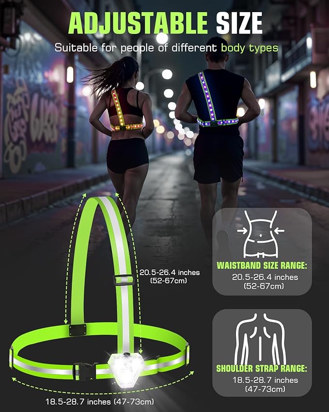 Zacro Reflective Running Vest with 9 RGB Modes, 500LM High Visibility Chest Light for Runners, Rechargeable Light Up Running Gear for Night Safety Cycling Hiking Dog Walking Adjustable for Men Women