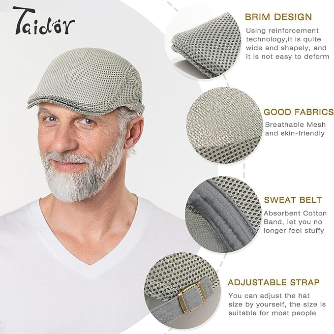 2 Pack Men's Mesh Cap Breathable Summer Newsboy Hat Adjustable Beret Ivy Cap Irish Cabbie Driving Hunting Hats