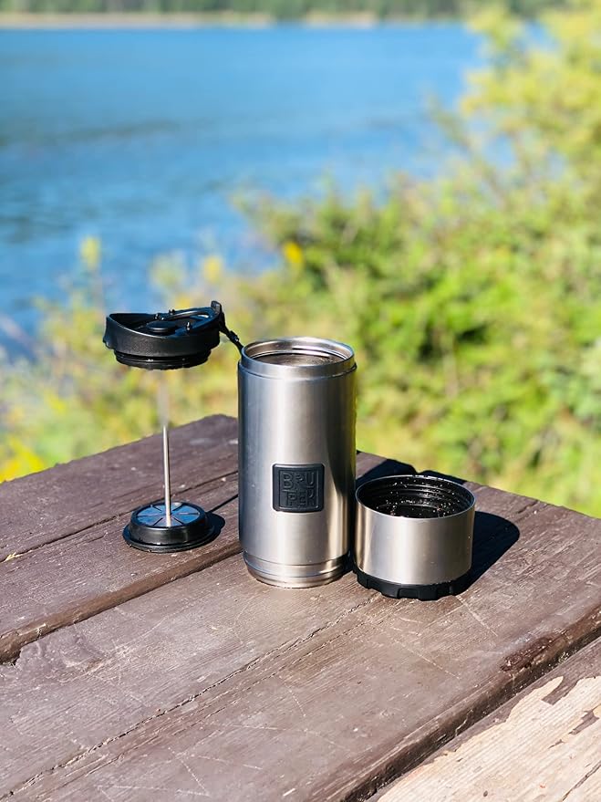 OVRLNDR Travel Coffee French Press, 24 fl.oz Capacity, Double Wall Vacuum Insulated, Easy To Clean Removable Bottom, No Spill Lid, On The Go Coffee Brewing (Snowflake White)