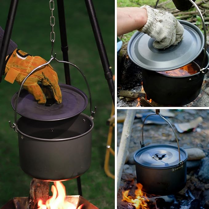 Aluminum Alloy Camping Hanging Pot with Lid Lifter Handle Lightweight 4200ml Portable Pot for Camping Cooking Hiking Picnic