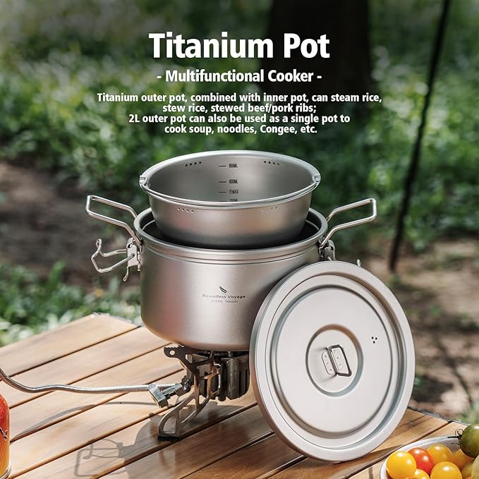 Boundless Voyage Titanium Pot Multifunctional Rice Cooker 2L+0.9L Pot Set Ultralight Outdoor Camping Cookware