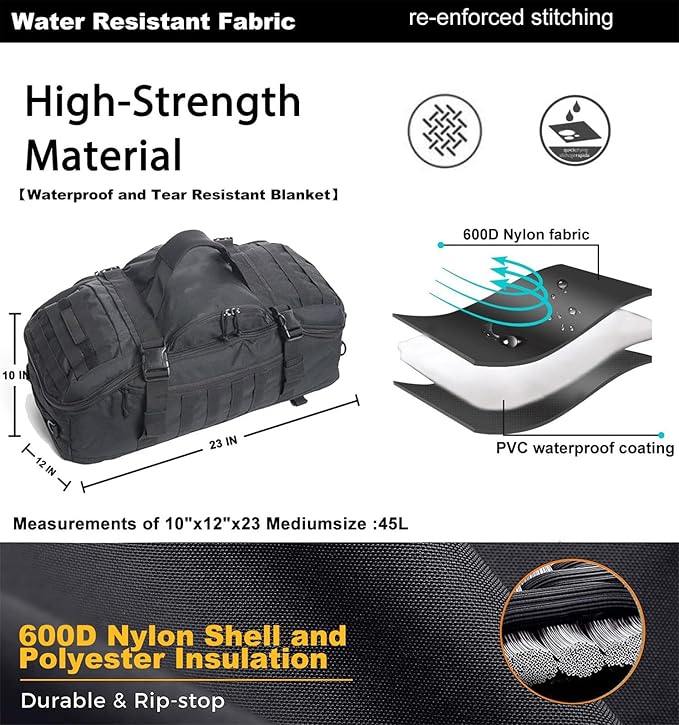 Miramrax Travel Duffle Bag Backpack for Men - Large Tactical Bags Weekender Gym Bag for Overnight Traveling Military Workout Deployment Sports (Black, 45L)