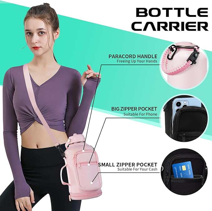 Half Gallon Water-Bottle with Straw - Pop-up Chug Lid (Cold 48H & Hot 24H) 64oz Insulated Water Bottle Flask with Sleeve Strap, Paracord Handle, Bottle Boot, Pink Stainless Steel Metal Water Jug