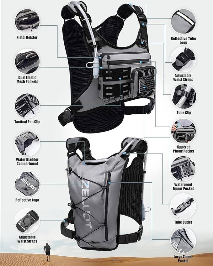 Running Vest with 2L Water Bladder, USA Original Patent, Lightweight Adjustable Chest Pack with Gear Holder, Reflective Running Hydration Vest for Women Men for Marathon