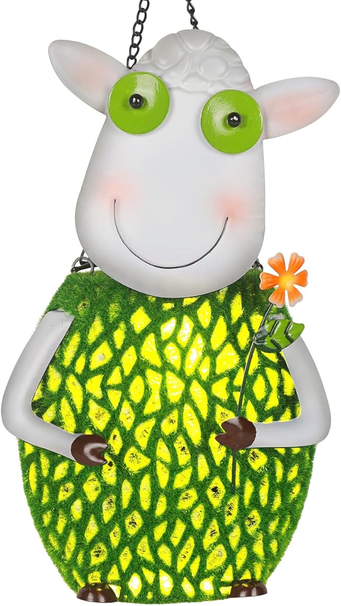Solar Lanterns for Outside Hanging with Warm LED Lights Sheep Metal Yard Decorations Outdoor Unique Gift for Patio Garden Decor