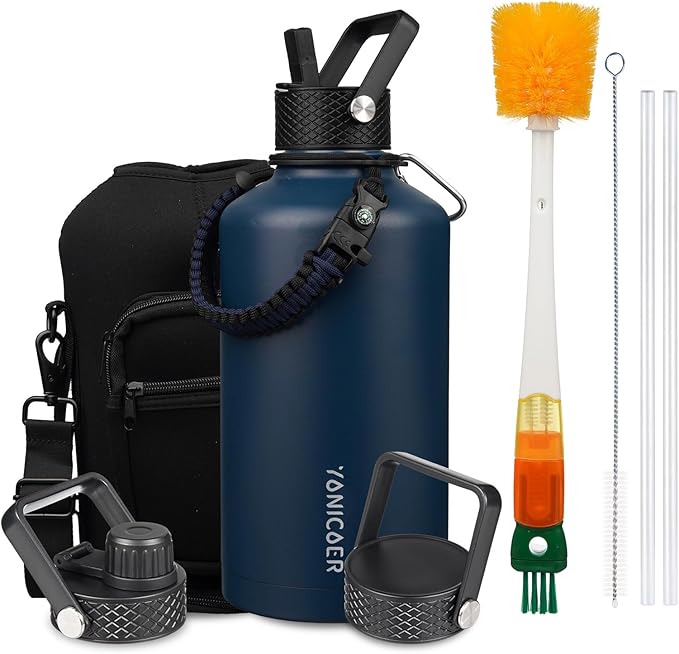 Insulated Water Bottle 87oz,Triple Wall Vacuum Stainless Steel(Dishwasher Safe),Leak Proof & Non-BPA,Flask Jug with Paracord Handle & Straw Spout Lids Sports Navy Blue